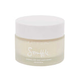 A frosted glass jar with a white lid labeled Salt + Glow Skin Souffle Facial Moisturiser for normal to dry skin, enriched with Australian botanicals like kakadu plum, 50ml/1.7 fl.oz.