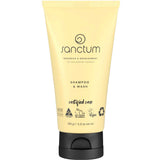 A yellow 150g tube of Sanctum Baby Shampoo & Wash with a black flip-cap. The front label shows vegan, organic, cruelty-free, and recyclable packaging certification logos.