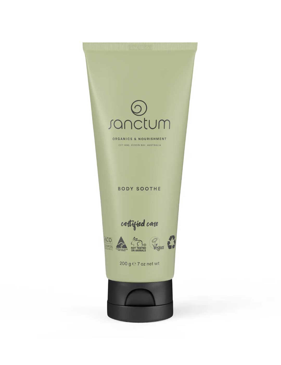 A green tube of Sanctum Body Soothe 200g by Sanctum with a black cap, featuring organic and vegan certifications on the label. The tube displays the product name and a net weight of 200g (7 oz).