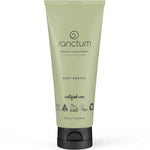 A green tube of Sanctum Body Soothe 200g by Sanctum with a black cap, featuring organic and vegan certifications on the label. The tube displays the product name and a net weight of 200g (7 oz).