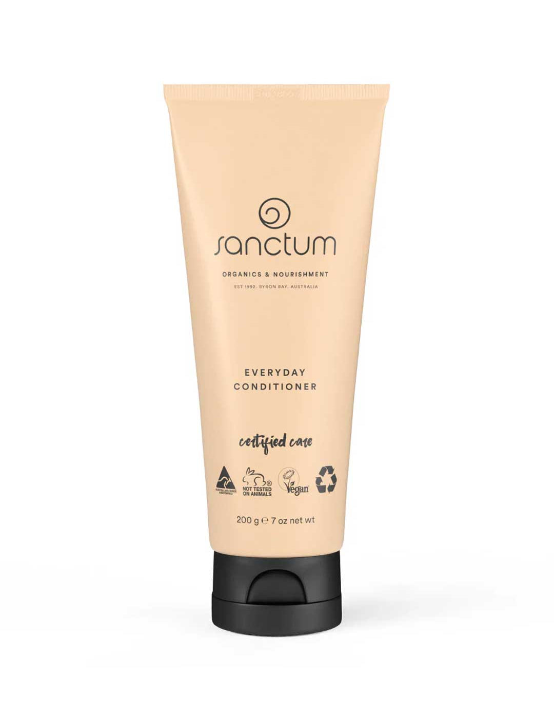 A beige tube of Sanctum Everyday Conditioner 200g with a black flip-top cap features vegan and organic certification logos.