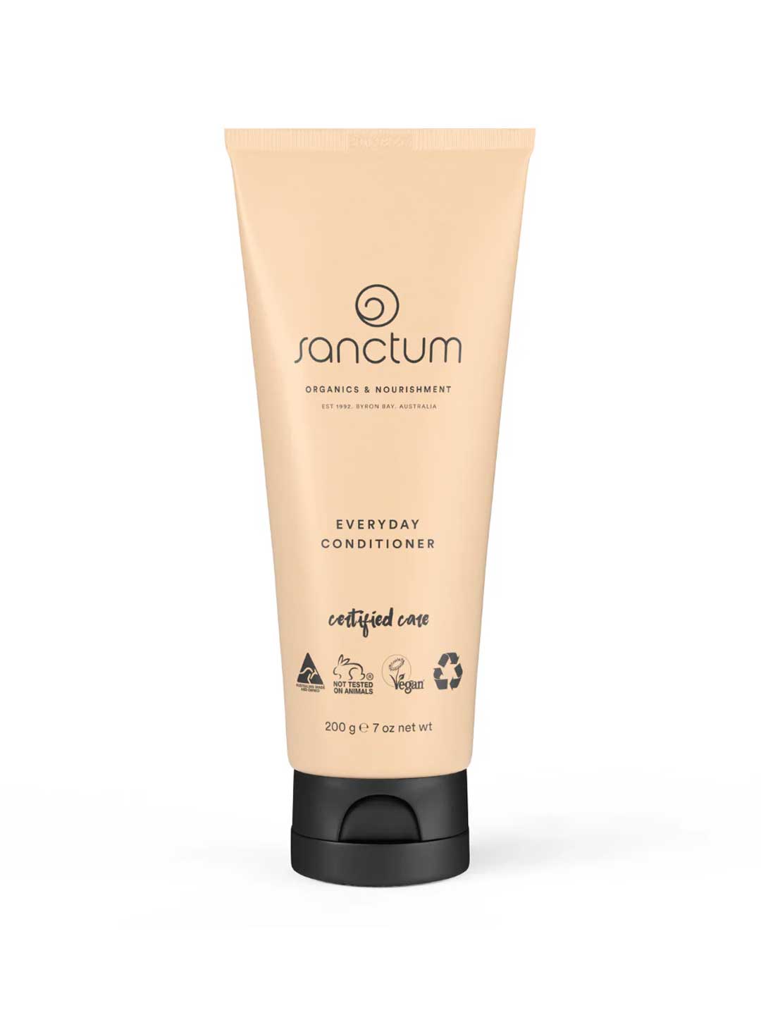 A beige tube of Sanctum Everyday Conditioner 200g with a black flip-top cap features vegan and organic certification logos.