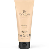 A beige tube of Sanctum Everyday Shampoo 200g with a black flip cap, featuring eco-friendly, vegan, and cruelty-free certification logos.