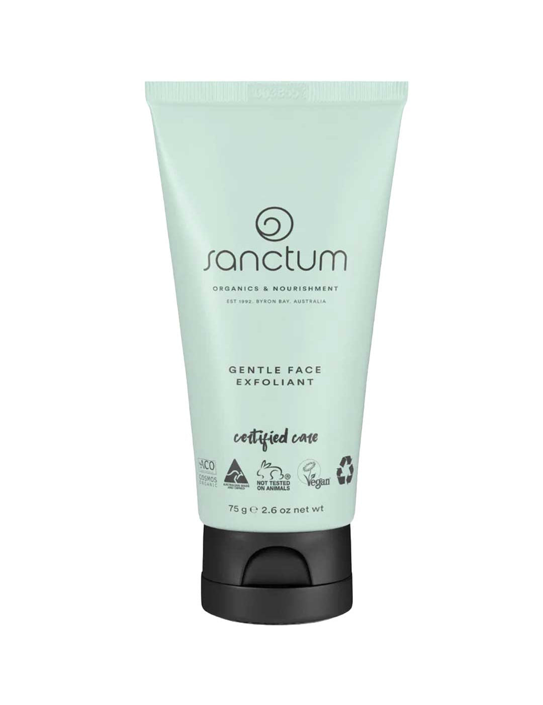 A light green tube of Sanctum Gentle Face Exfoliant 75g with a black flip-top cap. The front label highlights that it is organic, vegan, cruelty-free, and recyclable.