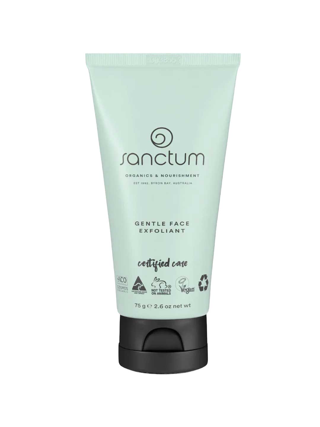 A light green tube of Sanctum Gentle Face Exfoliant 75g with a black flip-top cap. The front label highlights that it is organic, vegan, cruelty-free, and recyclable.