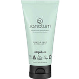 A light green tube of Sanctum Gentle Face Exfoliant 75g with a black flip-top cap. The front label highlights that it is organic, vegan, cruelty-free, and recyclable.