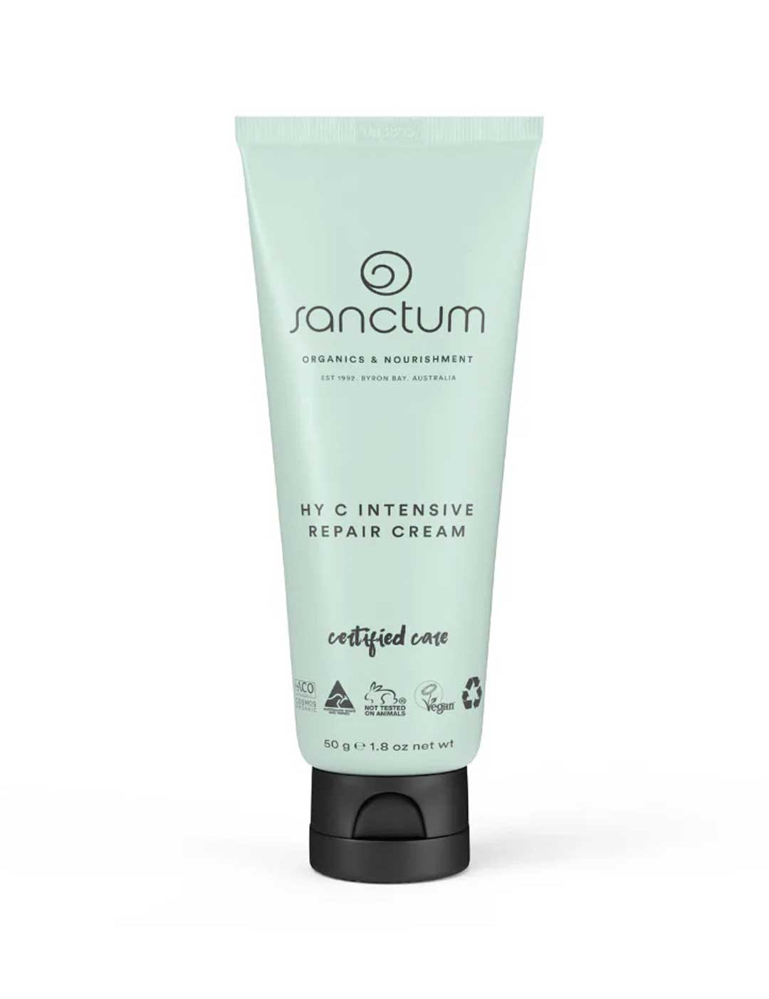 A 50g light green tube of Sanctum HY C Intensive Repair Cream, displaying black text and organic, vegan, and recyclable certifications, stands upright on a white background.