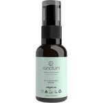 A dark amber pump bottle labeled Sanctum HY C Recovery Serum 30g features a light green label with certification and recycling symbols. This organic Vitamin C serum from Sanctum offers anti-aging benefits for natural skincare.