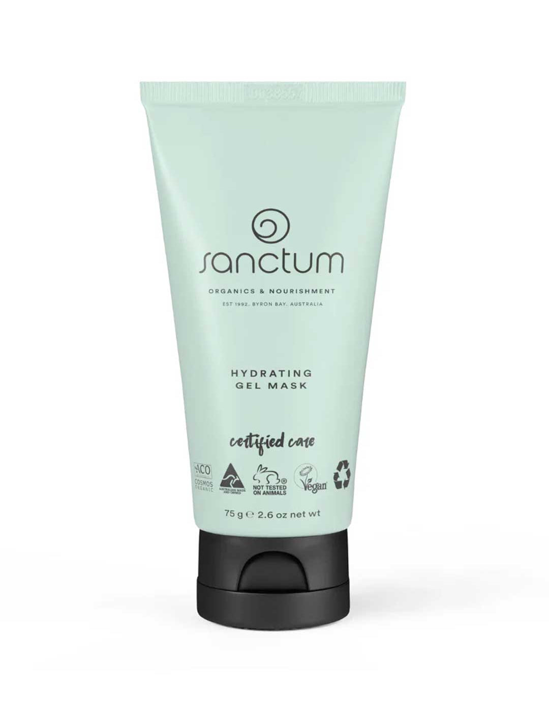 A light green tube of Sanctum Hydrating Gel Mask 75g by Sanctum, with a black cap and certified organic, vegan, and cruelty-free logos. The label highlights "certified care." Tube size: 75g (2.6 oz).