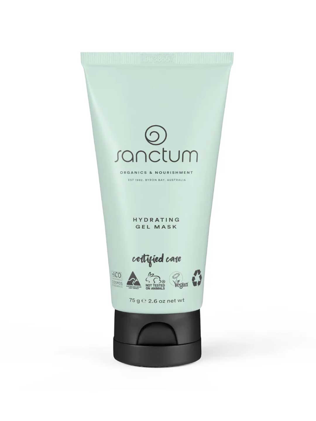 A light green tube of Sanctum Hydrating Gel Mask 75g by Sanctum, with a black cap and certified organic, vegan, and cruelty-free logos. The label highlights "certified care." Tube size: 75g (2.6 oz).