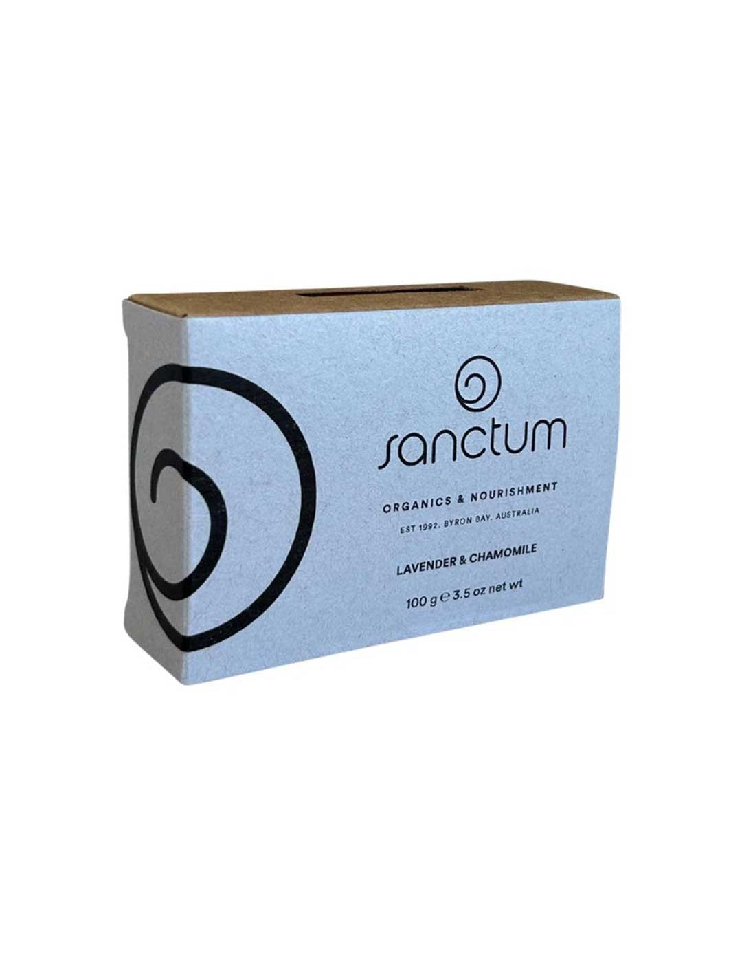 Sanctum Lavender & Chamomile Soap 100g is a rectangular organic bar, packaged in a cardboard box featuring minimalist black text and swirling designs on a light blue background.