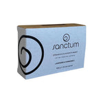 Sanctum Lavender & Chamomile Soap 100g is a rectangular organic bar, packaged in a cardboard box featuring minimalist black text and swirling designs on a light blue background.