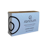 Sanctum Lavender & Chamomile Soap 100g is a rectangular organic bar, packaged in a cardboard box featuring minimalist black text and swirling designs on a light blue background.