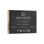 The Sanctum Men Essential 3 Piece Set comes in a black box with white text, including face moisturiser, shave gel, and shampoo & wash. The packaging highlights its organic, vegan, and cruelty-free certifications.