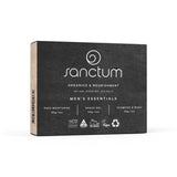 The Sanctum Men Essential 3 Piece Set comes in a black box with white text, including face moisturiser, shave gel, and shampoo & wash. The packaging highlights its organic, vegan, and cruelty-free certifications.