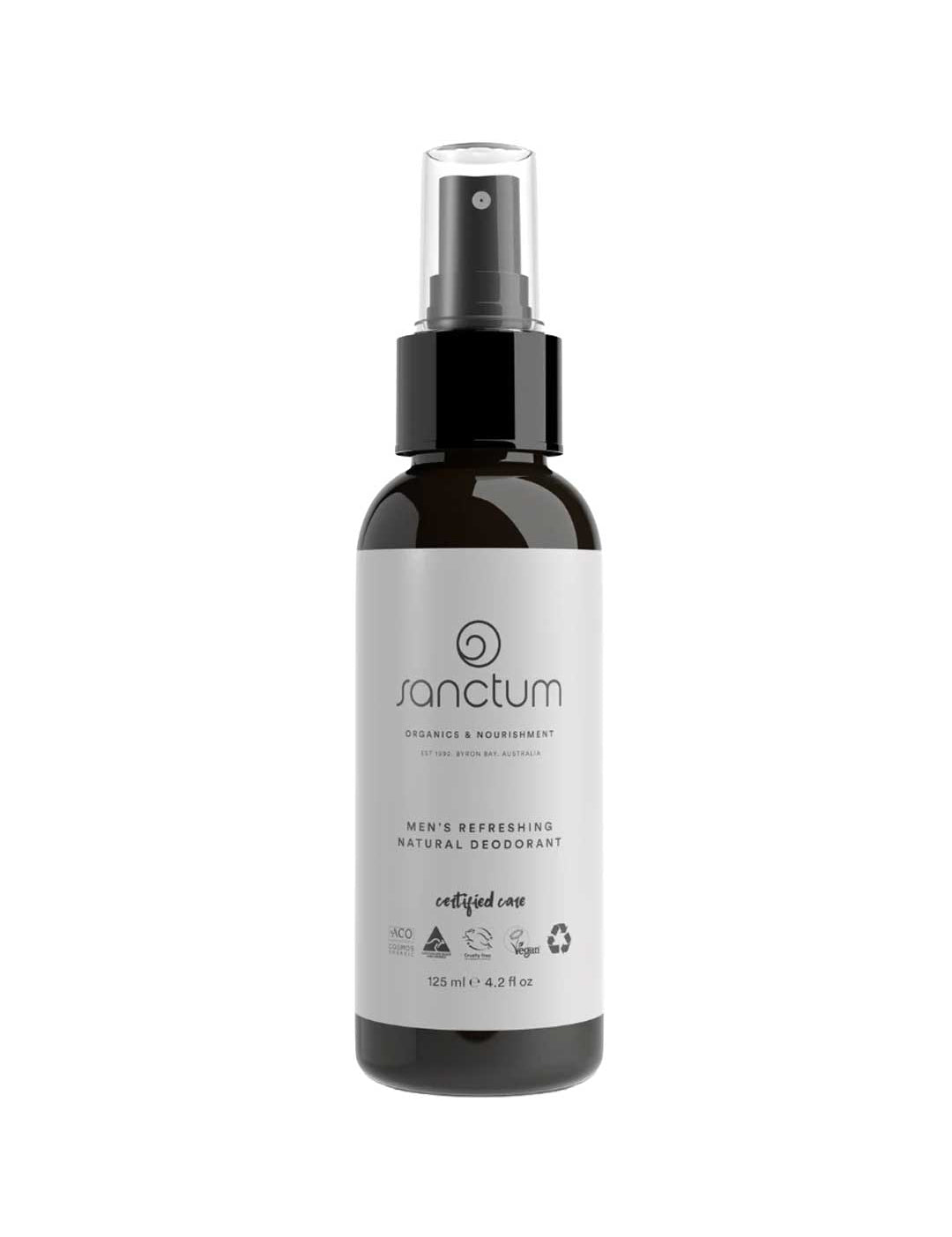 A black Sanctum Men's Deodorant 125g spray bottle with organic certification symbols and sandalwood oil is shown on a plain white background.