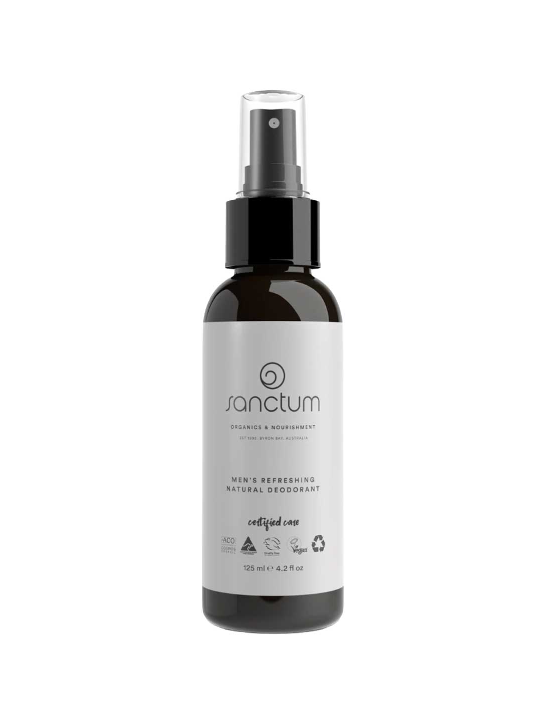 A black Sanctum Men's Deodorant 125g spray bottle with organic certification symbols and sandalwood oil is shown on a plain white background.