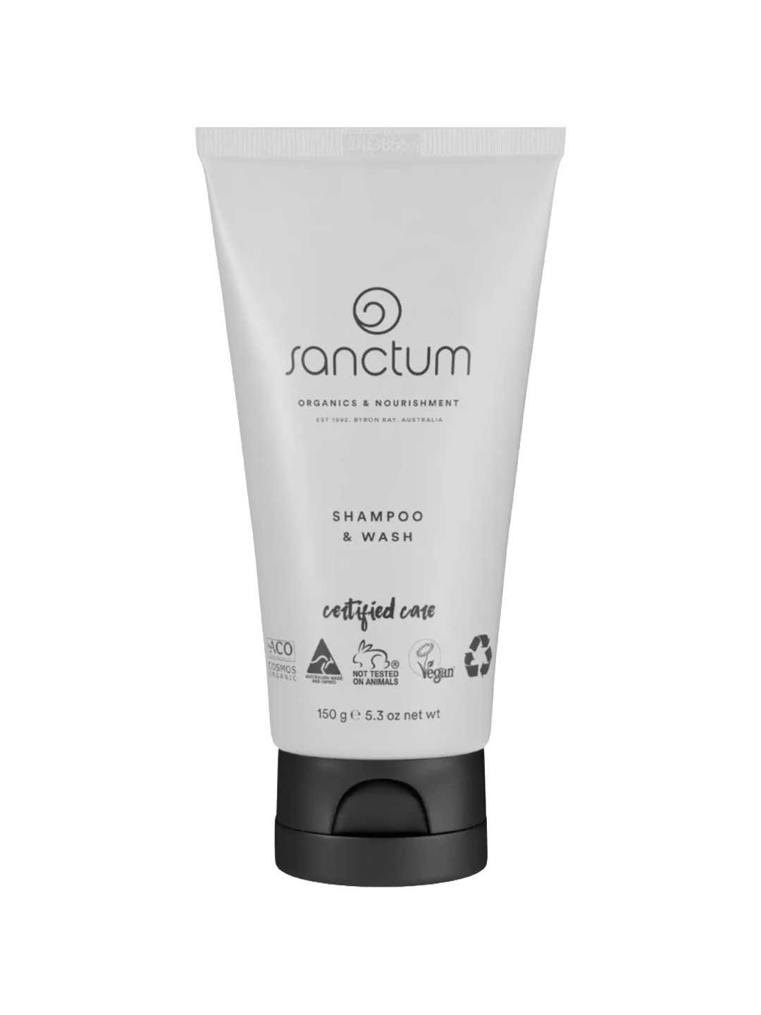 A white tube of Sanctum Men's Shampoo & Wash 150g with black text and cap. This certified organic, vegan, and cruelty-free product is suitable for hair and body and comes in recyclable packaging.