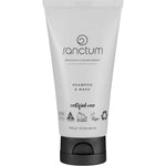A white tube of Sanctum Men's Shampoo & Wash 150g with black text and cap. This certified organic, vegan, and cruelty-free product is suitable for hair and body and comes in recyclable packaging.