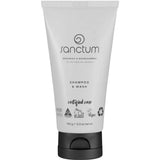 A white tube of Sanctum Men's Shampoo & Wash 150g with black text and cap. This certified organic, vegan, and cruelty-free product is suitable for hair and body and comes in recyclable packaging.