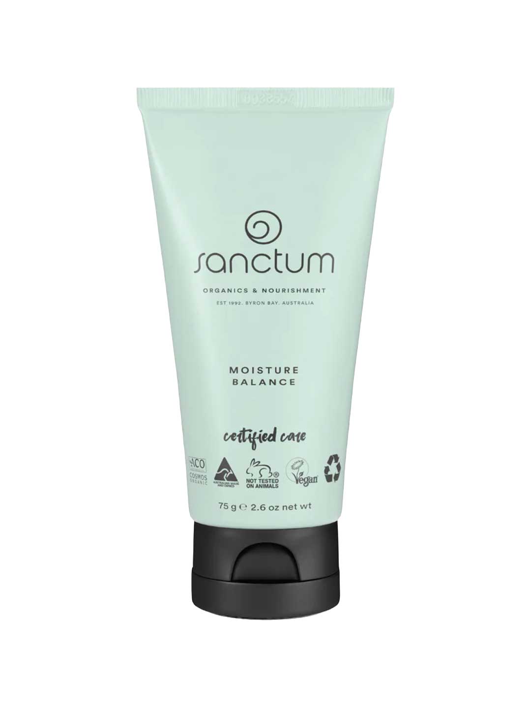 A green tube of Sanctum Moisture Balance 75g face lotion, displaying certified organic, vegan, and recyclable logos, with a black flip-top cap and labeled net weight of 75g (2.6 oz), by Sanctum.