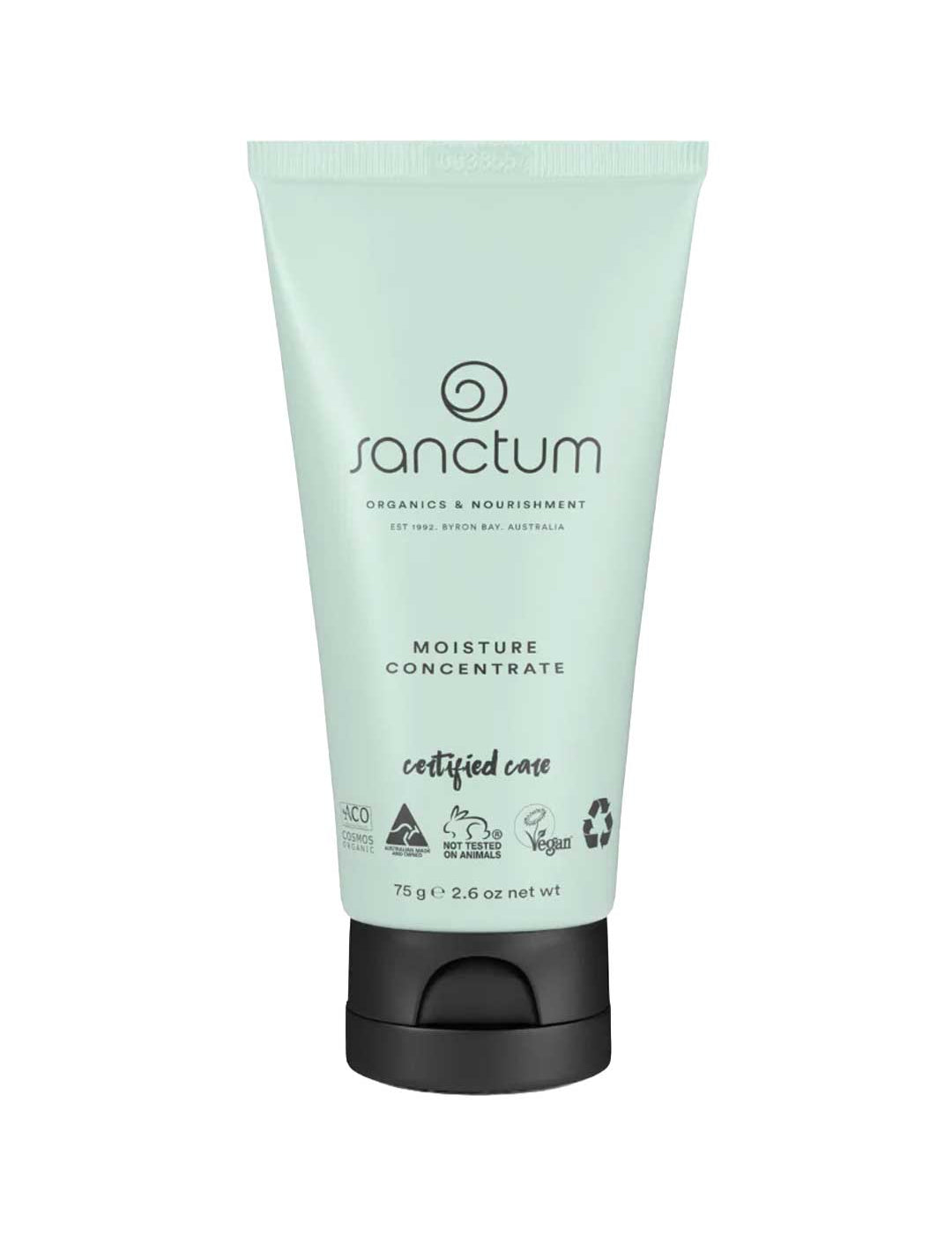 Sanctum Moisture Concentrate 75g is a certified organic moisturising cream in a mint green tube with a black flip-top cap, certification logos, and “Certified Care” on the front. Contains hyaluronic acid for hydration. Brand: Sanctum.