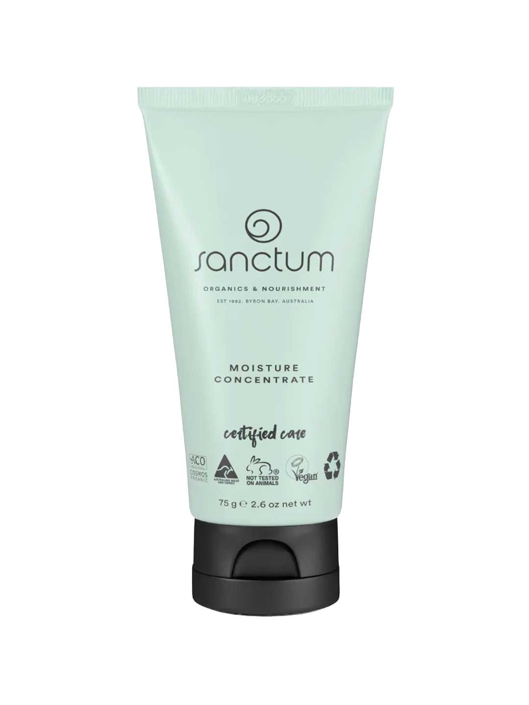 Sanctum Moisture Concentrate 75g is a certified organic moisturising cream in a mint green tube with a black flip-top cap, certification logos, and “Certified Care” on the front. Contains hyaluronic acid for hydration. Brand: Sanctum.