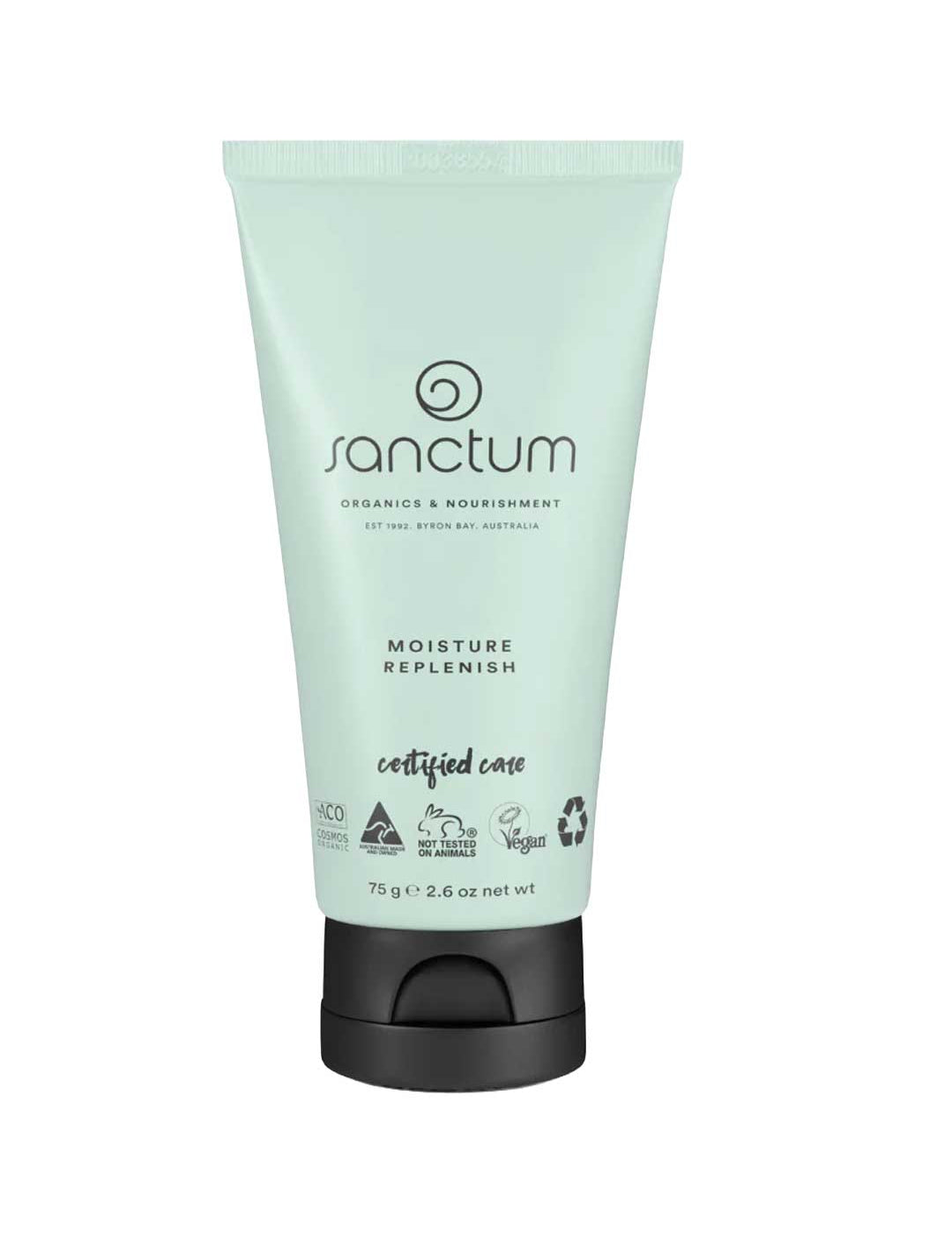 Sanctum Moisture Replenish 75g is a certified organic, vegan, and recyclable anti-aging day cream in a light green tube with a black flip-top cap from Sanctum. Perfect for daily moisturising.