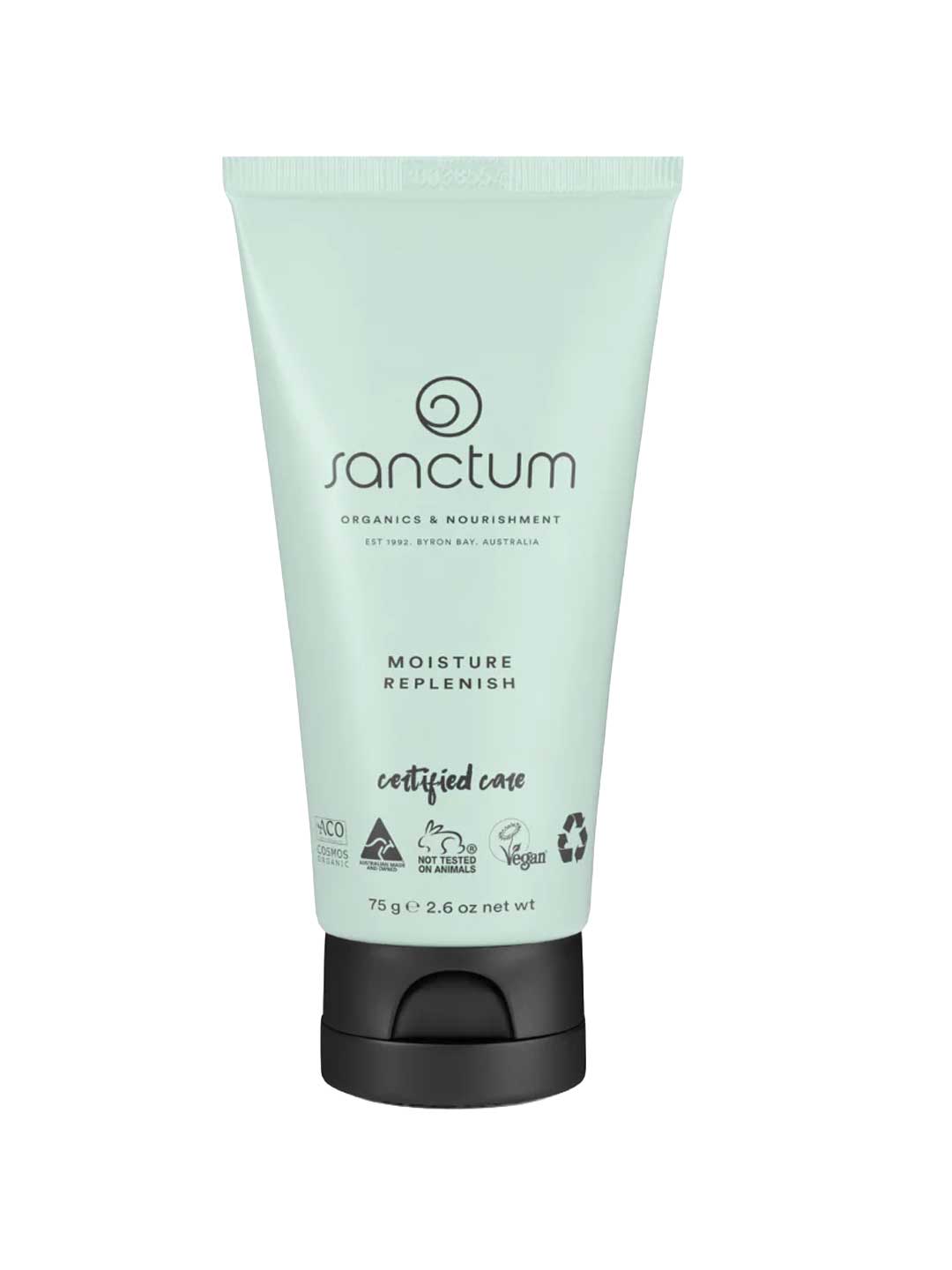 Sanctum Moisture Replenish 75g is a certified organic, vegan, and recyclable anti-aging day cream in a light green tube with a black flip-top cap from Sanctum. Perfect for daily moisturising.
