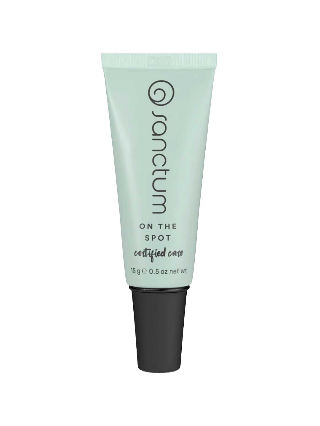 A light green tube of Sanctum On The Spot 15g with a black cap, featuring the Sanctum brand and product details printed vertically on the front. Contains 15g (0.5 oz) of natural blemish treatment.