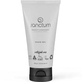 A 150g tube of Sanctum Shave Gel features a white design with a black flip-top cap, and displays its organic, vegan, and eco-friendly certifications on the packaging.