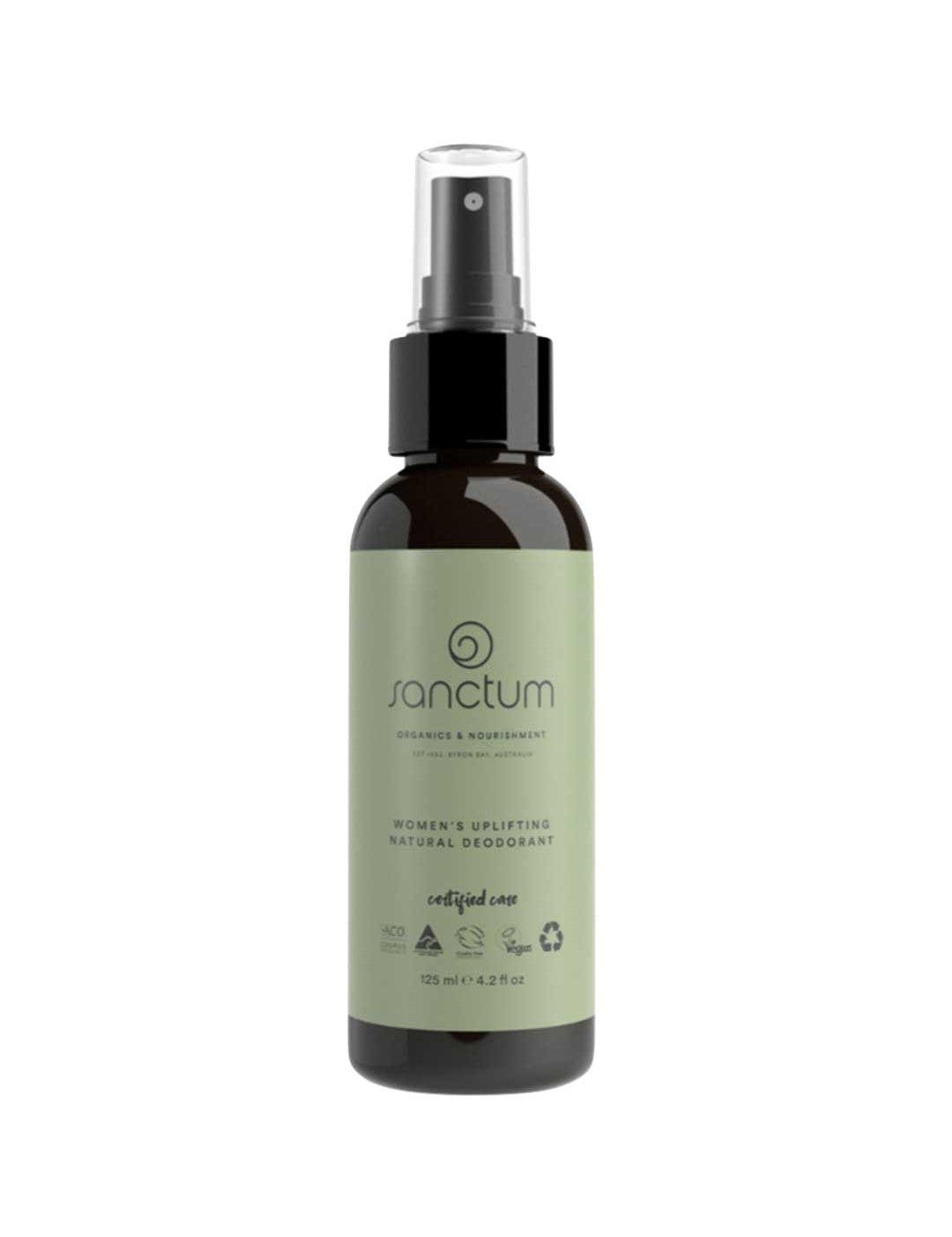 A dark spray bottle with a light green Sanctum label contains Sanctum Women's Deodorant Spray 125g; this organic, eco-friendly deodorant is ideal for sensitive skin and comes with a black spray top.