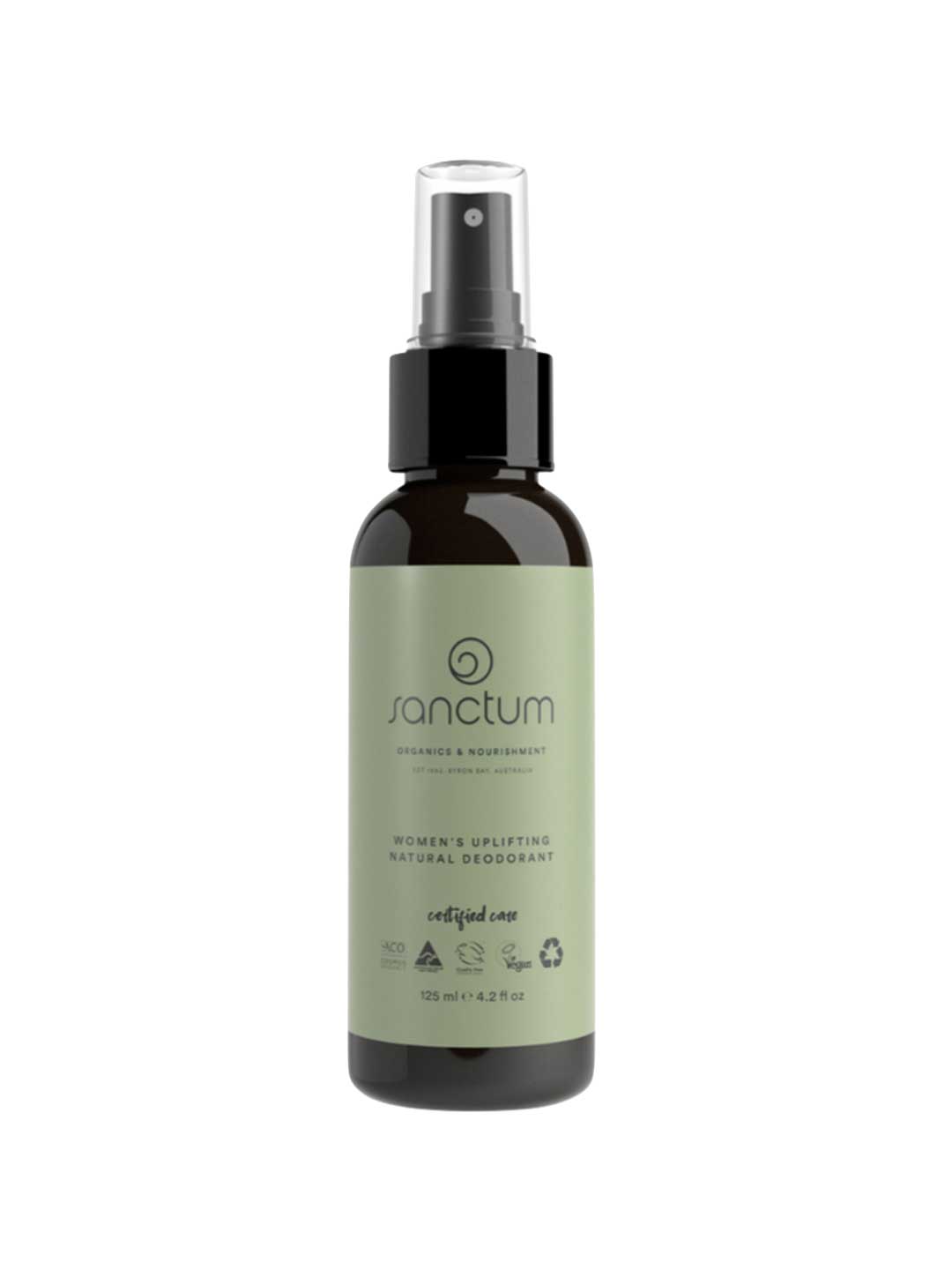 A dark spray bottle with a light green Sanctum label contains Sanctum Women's Deodorant Spray 125g; this organic, eco-friendly deodorant is ideal for sensitive skin and comes with a black spray top.