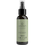 A dark spray bottle with a light green Sanctum label contains Sanctum Women's Deodorant Spray 125g; this organic, eco-friendly deodorant is ideal for sensitive skin and comes with a black spray top.