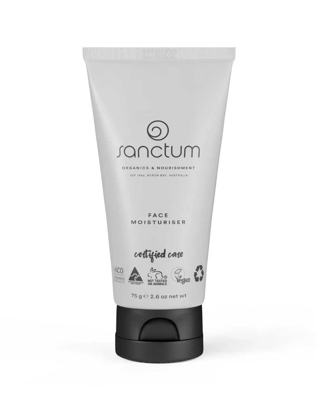 A white tube of Sanctum men's Face Moisturiser 75g with a black cap, featuring aloe vera and vegan, cruelty-free, and recyclable logos. Certified organic, this men's moisturiser contains 2.6 oz of product.
