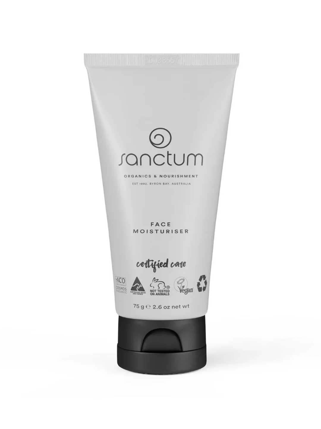 A white tube of Sanctum men's Face Moisturiser 75g with a black cap, featuring aloe vera and vegan, cruelty-free, and recyclable logos. Certified organic, this men's moisturiser contains 2.6 oz of product.