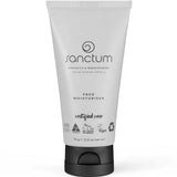 A white tube of Sanctum men's Face Moisturiser 75g with a black cap, featuring aloe vera and vegan, cruelty-free, and recyclable logos. Certified organic, this men's moisturiser contains 2.6 oz of product.
