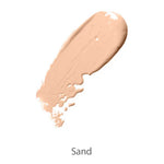 A swatch of 100% Pure Cream Foundation 9g in the Sand shade, shown on a white background, features a smooth satin finish in a light beige tone.