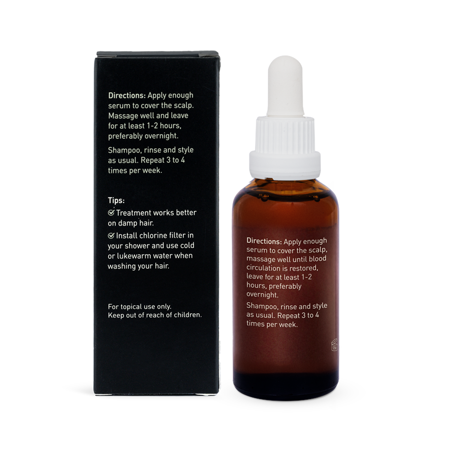 Back of an amber Noosa Basics Scalp Serum bottle beside its black carton, showing white application directions and care instructions.