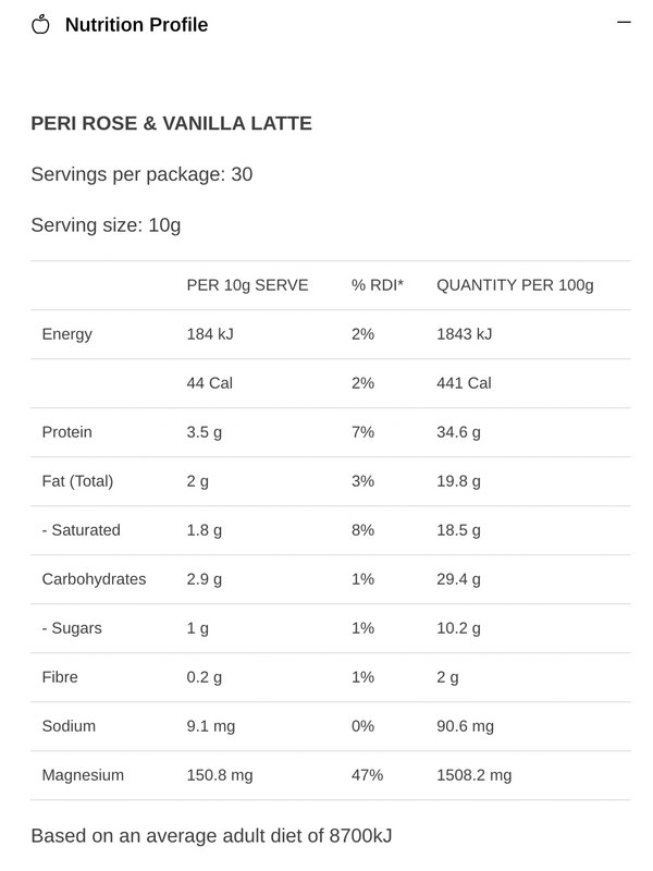 She BANG! Peri Latte Rose & Vanilla 300g nutrition information