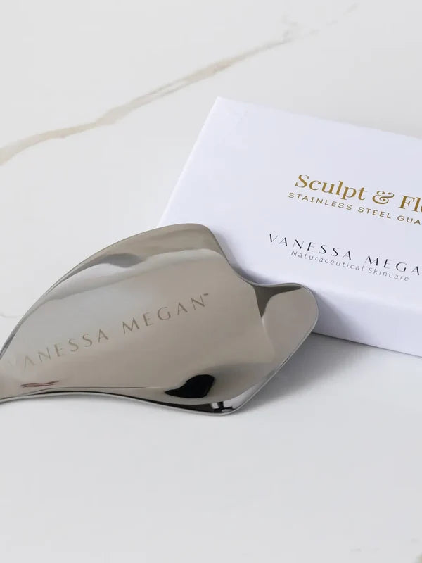 Vanessa Megan Sculpt and Flow Stainless Steel Gua Sha with its box