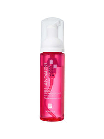 A pink bottle of Andalou Sensitive 1000 Roses Gentle Cleansing Foam 163ml for sensitive skin has a white pump and clear label, enriched with rose stem cells to support the skin microbiome.