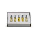 The Serene Body Health Discovery Box 5 x 5mls features five labeled perfume oil samples—REST, GROUND, IMPULSE, LIFT, and AWARE—arranged in a white insert inside a gray box, ideal for finding your signature scent.