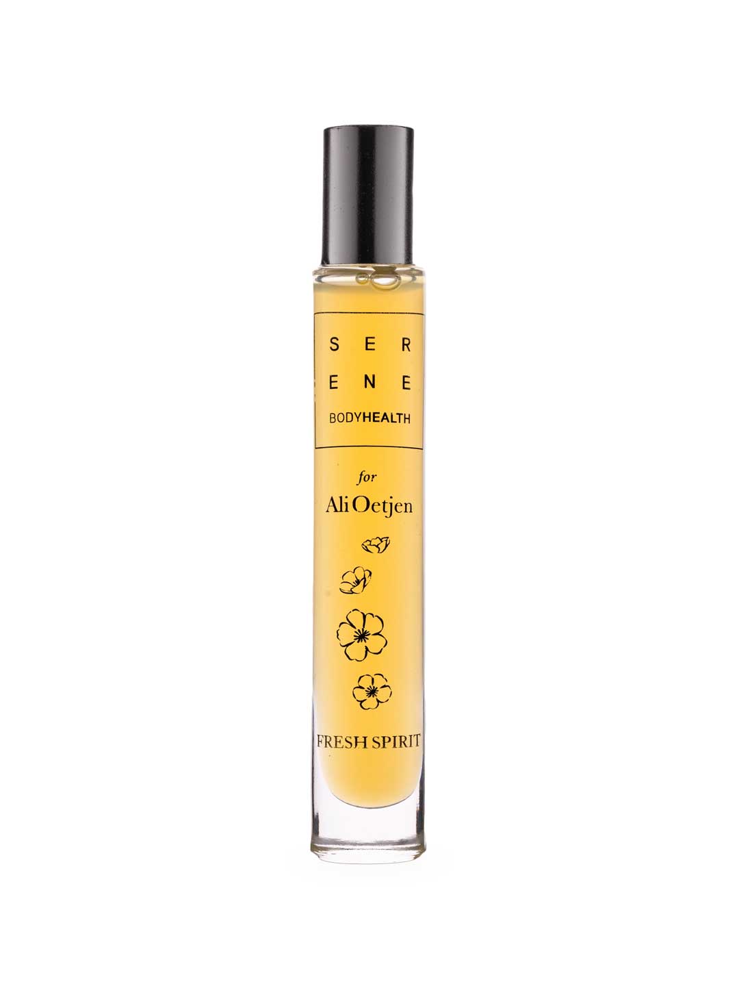 The Serene Body Health Natural Perfume Oil - Fresh Spirit 10ml features a clear glass bottle with a black cap, simple black floral illustrations, and evokes spiritual renewal with its natural scent.