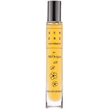 The Serene Body Health Natural Perfume Oil - Fresh Spirit 10ml features a clear glass bottle with a black cap, simple black floral illustrations, and evokes spiritual renewal with its natural scent.