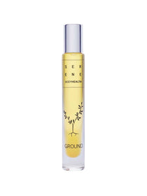 Serene Body Health Natural Perfume Oil Ground 10ml comes in a clear glass bottle with yellow liquid and a minimalist black plant illustration, offering a grounding scent designed to help relieve stress.