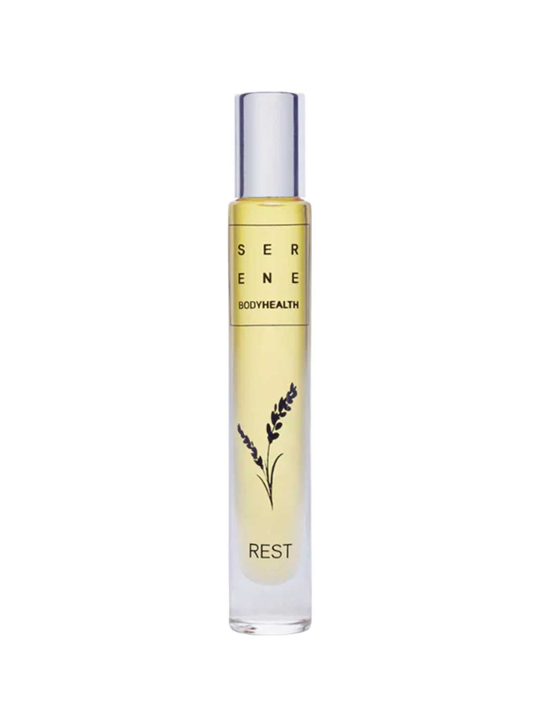 Serene Body Health Natural Perfume Oil Rest 10ml is a clear glass bottle with a silver cap, lavender illustration, and yellow natural oil inside, designed to promote relaxation and restful sleep.