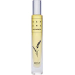 Serene Body Health Natural Perfume Oil Rest 10ml is a clear glass bottle with a silver cap, lavender illustration, and yellow natural oil inside, designed to promote relaxation and restful sleep.