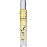 Serene Body Health Natural Perfume Oil Rest 10ml is a clear glass bottle with a silver cap, lavender illustration, and yellow natural oil inside, designed to promote relaxation and restful sleep.