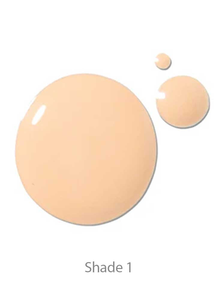 Three droplets of 100% Pure 2nd Skin Foundation 35ml in Shade 1 are displayed on a white background, showcasing the light beige tone and its natural complexion-enhancing effect.